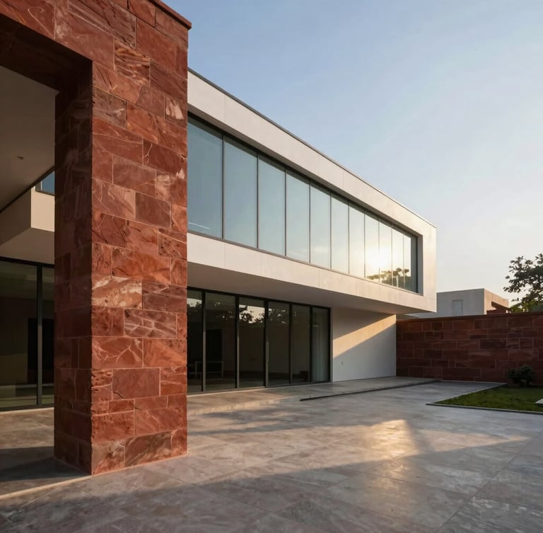 Wide-angle architectural photograph of a modern Jodhpur villa courtyard, where a monolithic red sandstone pillar meets a clean minimalist glass facade, casting a sharp geometric shadow at golden hour.