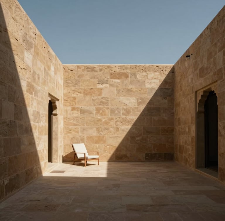 Wide architectural photograph of a minimalist Jodhpur villa courtyard, intense afternoon sun casting deep geometric shadows on raw sandstone walls, a single clean-lined lounge chair.
