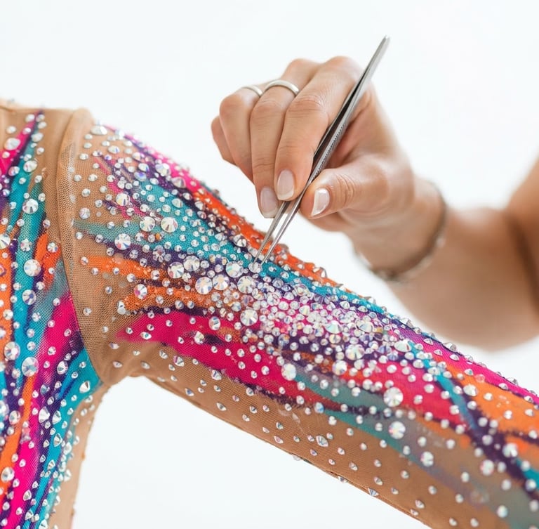 Close-up of designer Ira hand-placing crystals on a vibrant mesh leotard sleeve under bright studio light, 85mm lens, shallow depth of field