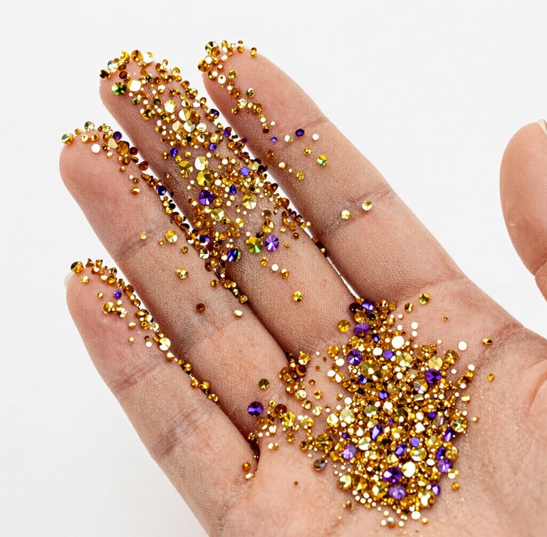 Macro studio shot of sparkling gold and violet crystals hand-applied to sheer nude mesh, high-key bright lighting, extreme detail