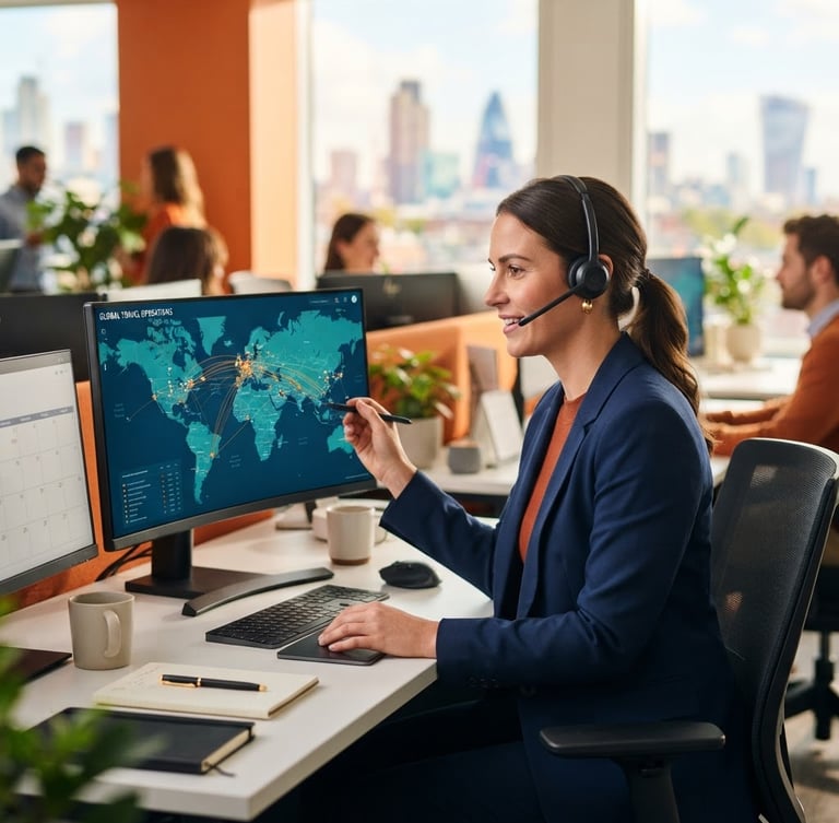 Dynamic mid-shot of corporate travel coordinator with headset looking at a digital map screen, bright natural office lighting, warm orange accents, sharp focus, 35mm lens