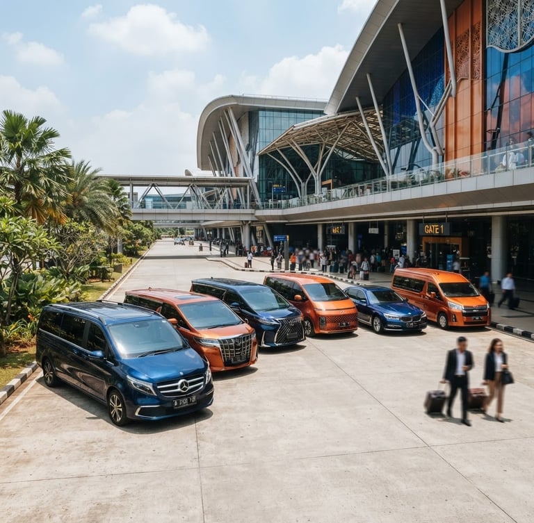 Wide-angle dynamic shot of a modern executive transport fleet parked outside a contemporary Jakarta terminal, bright natural daylight, rich orange and deep blue tones