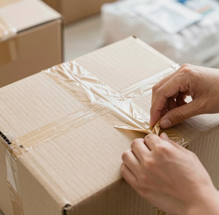 Close-up of hands carefully sealing a cardboard box with heavy tape, natural daylight, authentic humanitarian aid setting