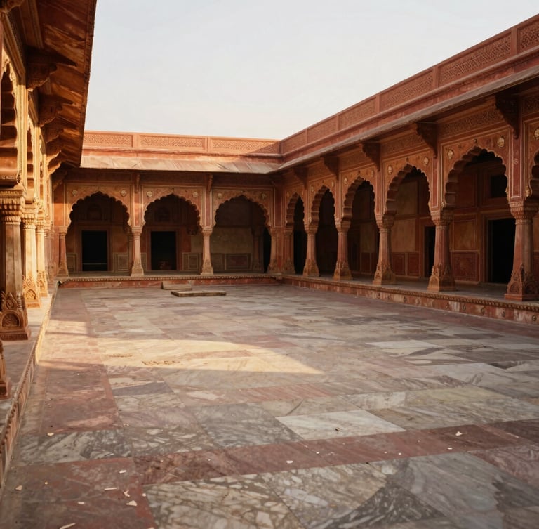 Wide environmental shot of an 18th-century Rajasthani palace courtyard at golden hour, intricate stone carvings, long shadows on marble floors, warm editorial photography, 35mm
