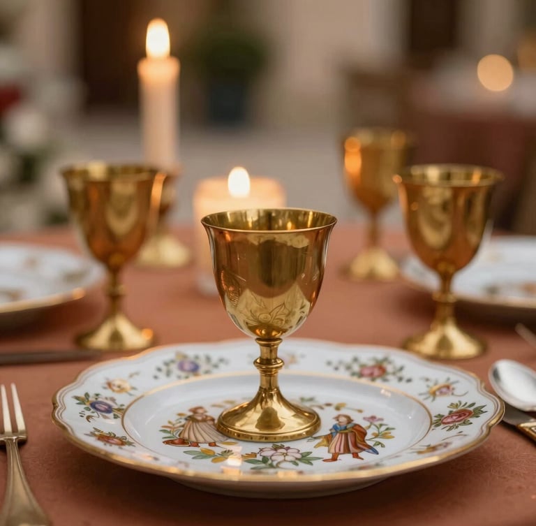 Close-up macro shot of a royal dining setup, hand-painted porcelain, brass goblets, warm flickering candlelight, shallow depth of field