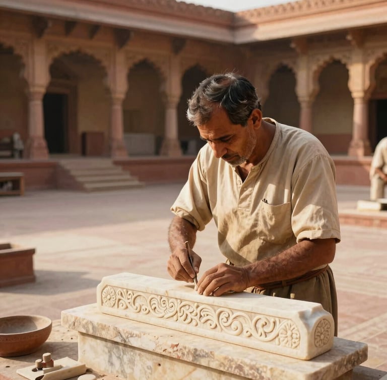Warm editorial portrait of a traditional stone craftsman working on intricate marble carvings in a sunlit palace courtyard, 35mm.