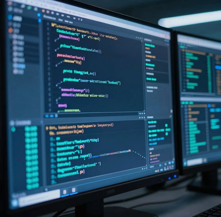 Close-up of a high-tech command center monitor displaying clean code and real-time cyber security data streams, moody blue and neon teal backlighting, 35mm lens
