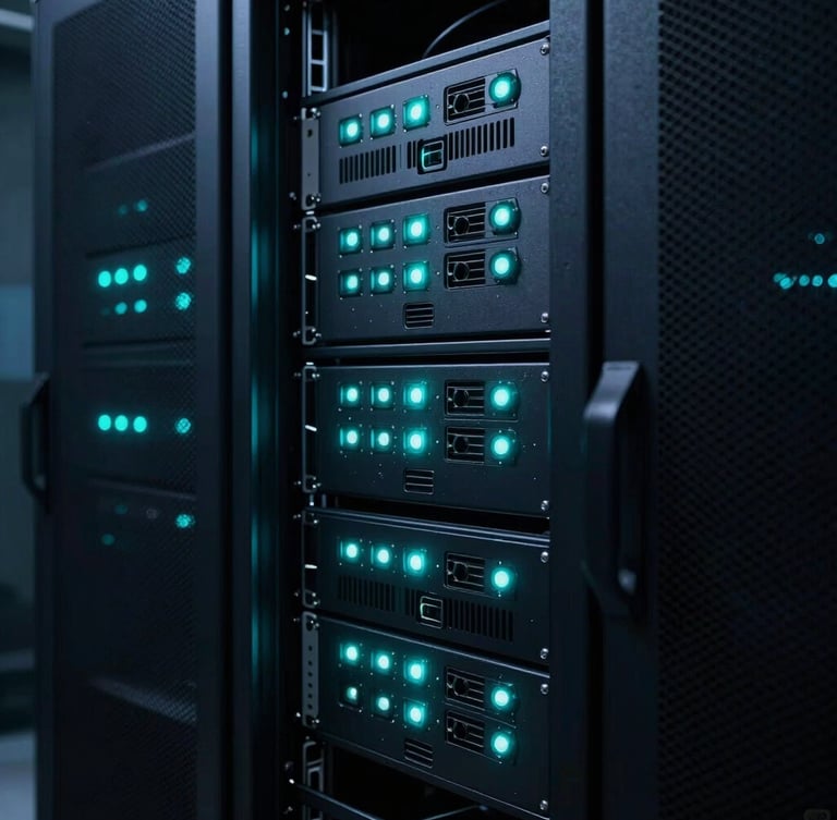 Low-key, high-contrast dark technical photography of modern server racks glowing with sharp neon teal status lights, 35mm lens