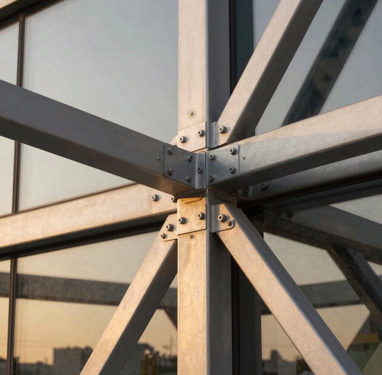 Architectural close-up of geometric steel joints and structural glass reflecting warm golden sunset light, clean lines, high contrast