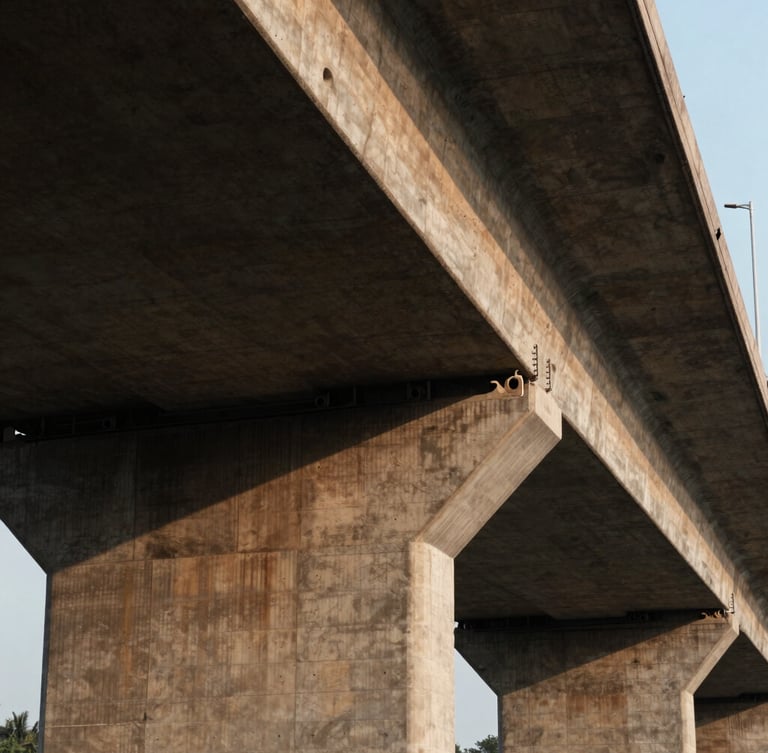 Wide architectural shot of a cantilevered concrete bridge structure in low-key warm lighting, deep shadows, emphasizing tension and connection.
