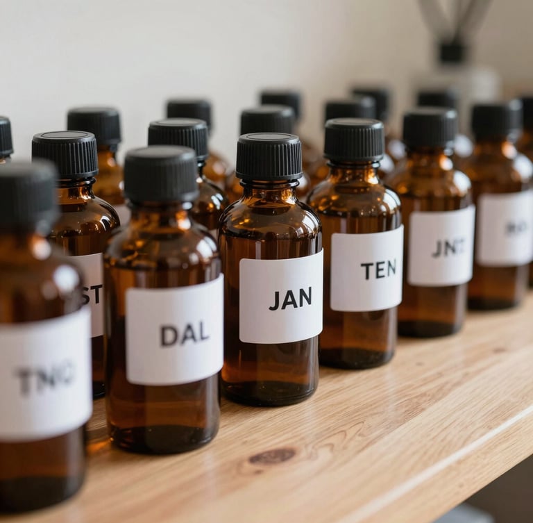A close-up shot of neatly labeled amber glass apothecary jars on a clean wooden counter, soft natural daylight filtering in.