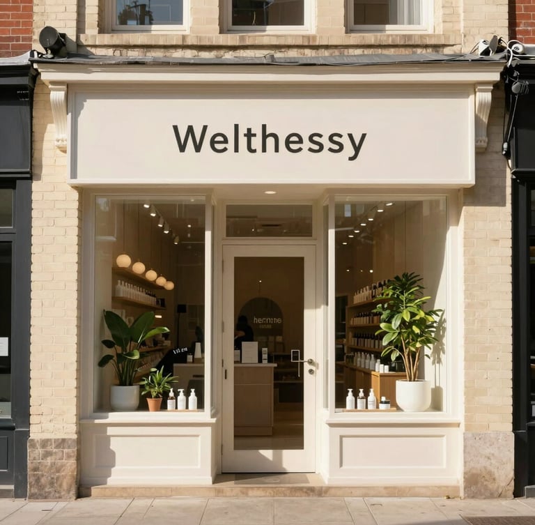 Eye-level medium shot of a clean, modern wellness apothecary storefront on Warwick Avenue, bright natural morning daylight, warm cream brick exterior with a neat minimalist sign, soft green plants by the entrance