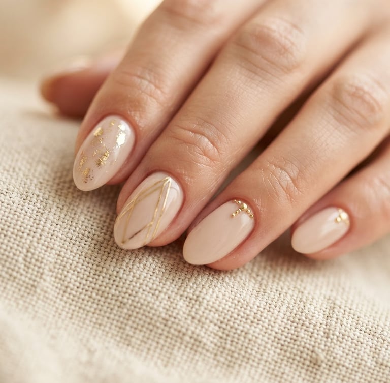 Extreme macro close-up of perfectly sculpted gel nails in soft beige and gold tones, hands resting on a textured linen surface, high-end luxury editorial photography, soft studio lighting, shallow depth of field