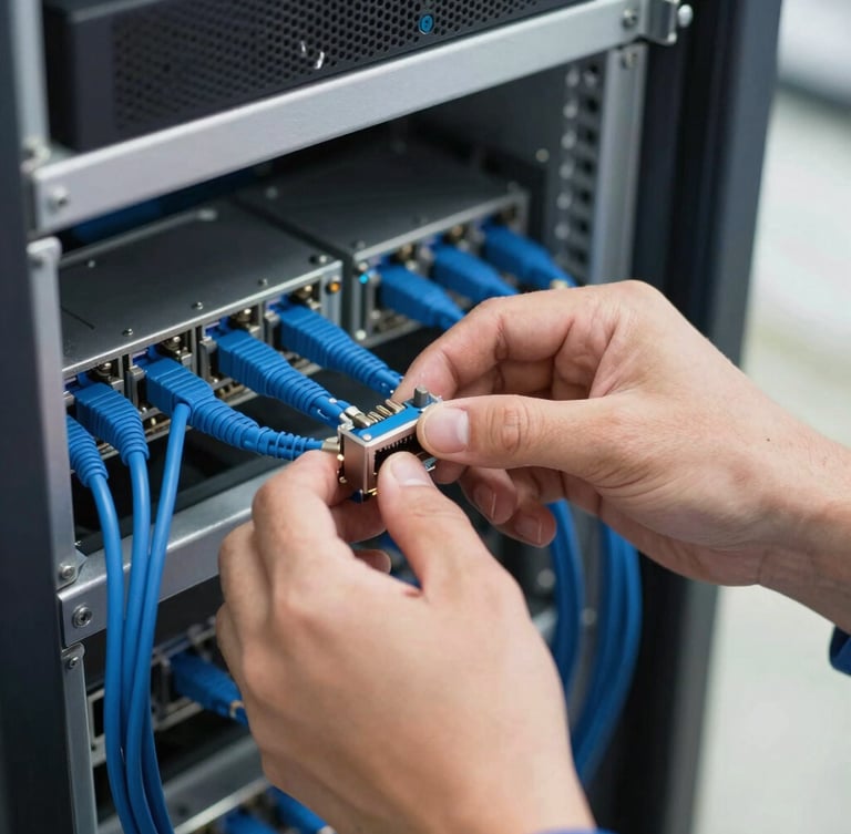 Close-up of a technician's hands organizing blue Category 6 network cabling into a server rack, sharp focus, natural indoor lighting, 35mm lens