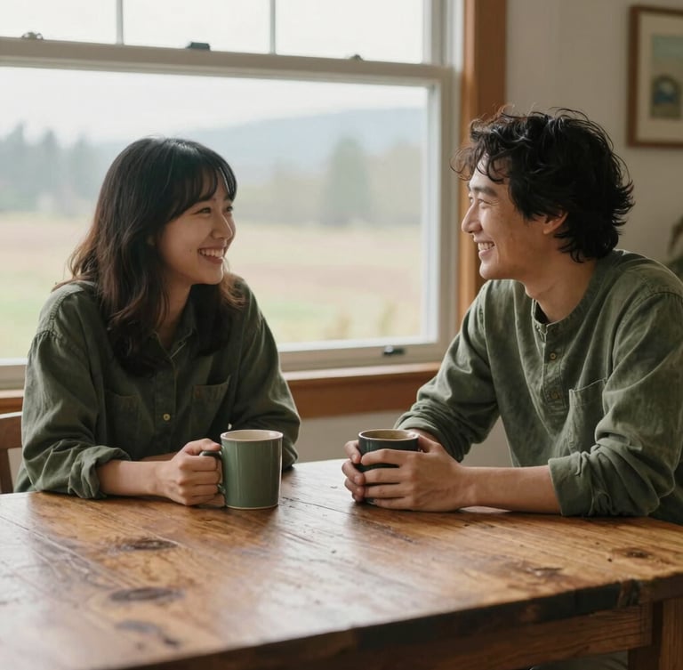 Candid medium shot of two people sitting at a rustic wooden table in a warm room, soft Pacific Northwest window light, holding mugs and laughing gently, earthy moss green tones.