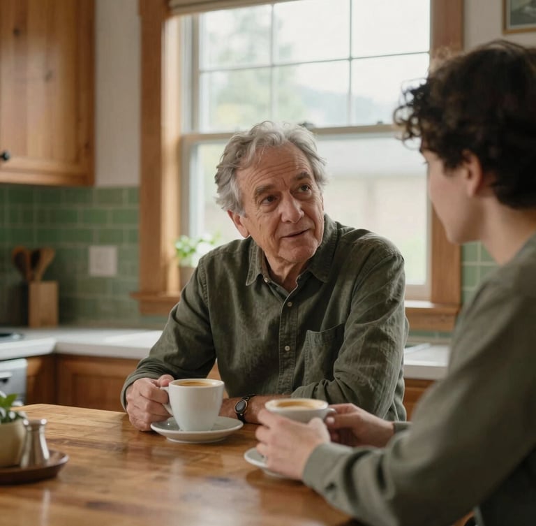 Candid medium-close shot of an older mentor and young adult talking over coffee in a warm, wood-toned Seattle kitchen, soft overcast daylight through the window, moss green accent details.