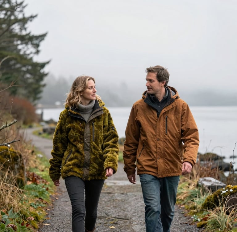 Candid shot of two neighbors walking along a misty Puget Sound trail, wearing warm cedar and moss-colored jackets, soft Pacific Northwest overcast light, natural depth of field.