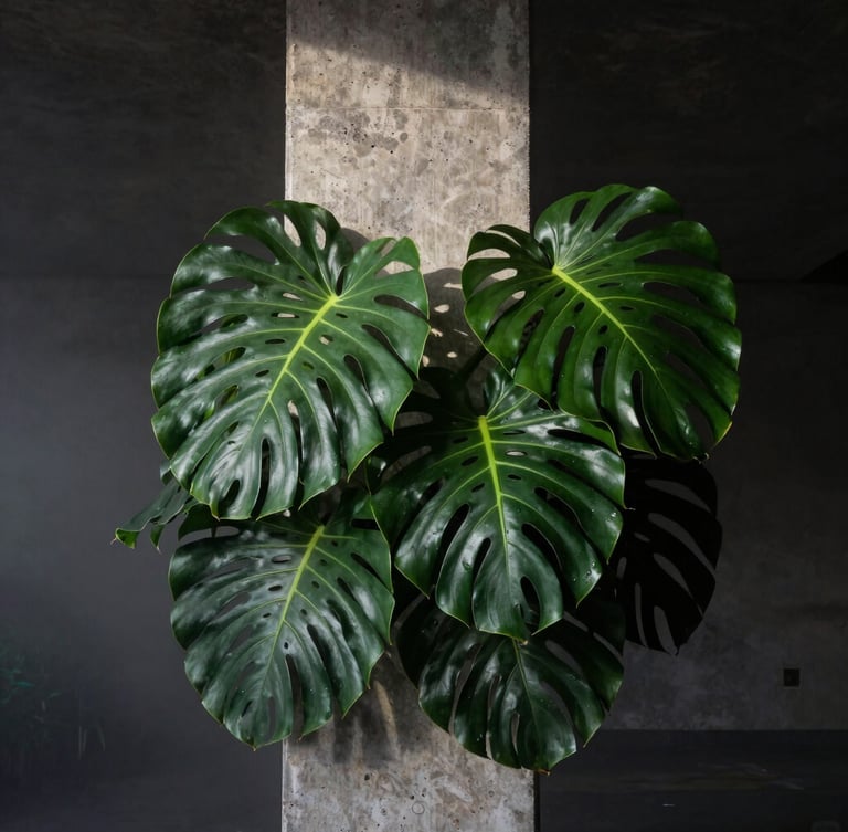 Low-key dramatic side-lighting on a raw concrete structural column intertwined with dense, deep green tropical monsteras, misty morning atmosphere, high contrast
