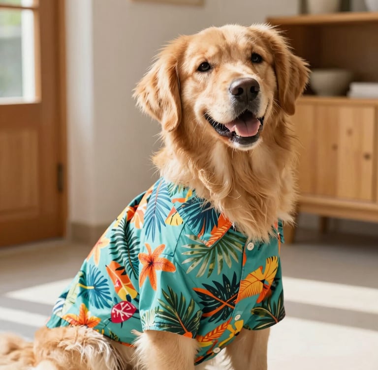 Bright editorial pet photography, eye-level shot of a happy golden retriever wearing a colorful handmade tropical shirt, sitting in a sunlit room with warm wooden details.