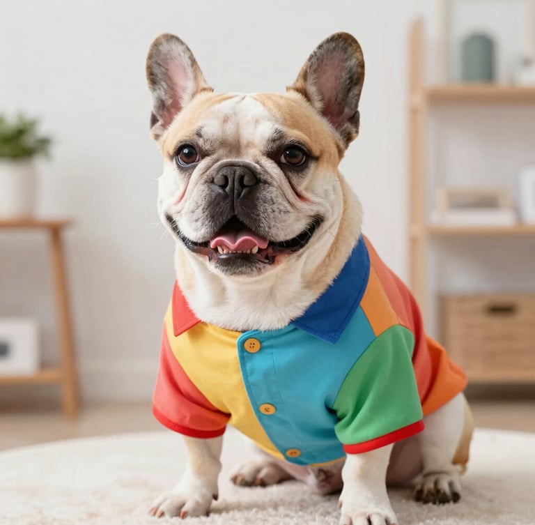 Bright editorial pet photography, a happy French bulldog wearing a perfectly fitted colorful handmade shirt, soft daylight, Celaya workshop background, shallow depth of field