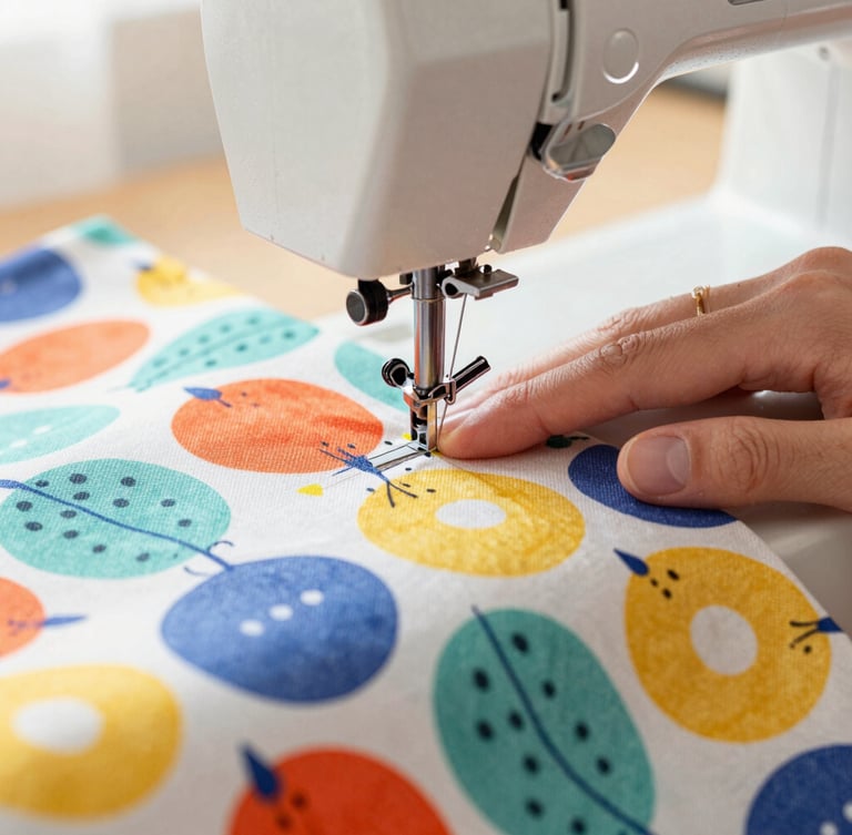 Bright editorial pet photography, close-up of a colorful patterned fabric being guided through a sewing machine by an artisan, warm daylight highlighting the neat stitching.