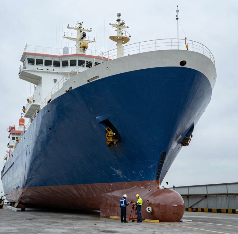 Wide panoramic shot of a large commercial vessel in dry dock, hull exposed, under overcast daylight, a surveyor in the foreground examining the hull with equipment. Cool slate and deep blue tones, sharp focus.