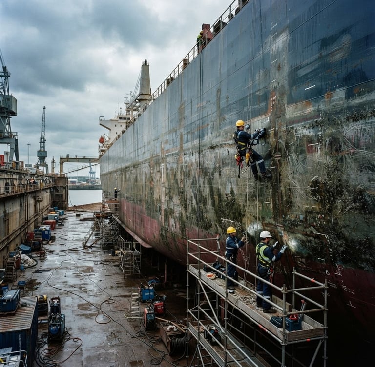 Wide panoramic shot of a commercial vessel hull in dry dock, showing detailed technical inspection, overcast daylight, cool slate and deep blue tones, sharp focus, 35mm.