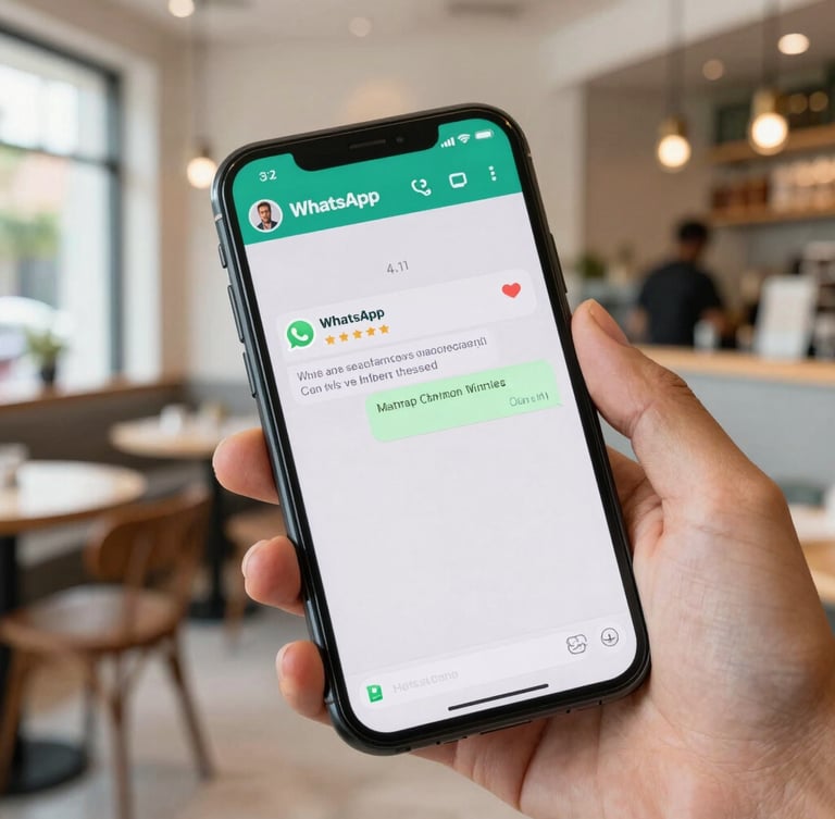 A close-up of a smartphone screen displaying a friendly WhatsApp review request from a local Indian restaurant, held by a customer in a bright, modern cafe setting, natural daylight, sharp focus, 35mm