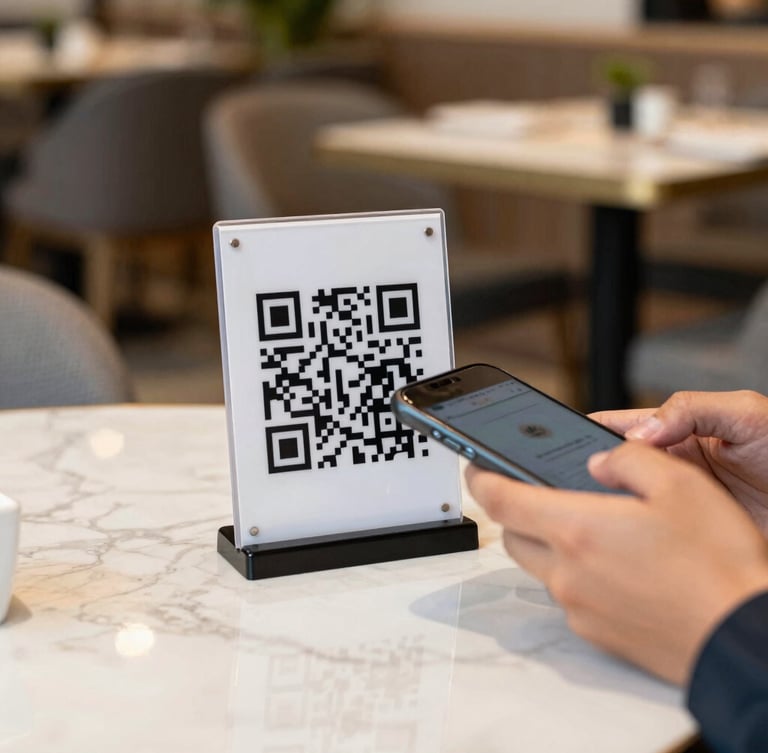 A close-up of a modern restaurant table in Bangalore with a clean QR code stand, a customer scanning it with a smartphone, warm natural daylight.