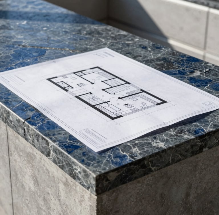 Architectural blueprint laid out on a clean concrete kitchen island, high-contrast natural daylight, sharp details, cool slate and deep blue tones, 35mm