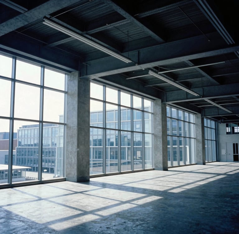 Wide-angle architectural photograph of a modern commercial office interior with exposed steel beams and concrete floors, bright natural daylight streaming through large windows, slate blue tones, high contrast, 35mm