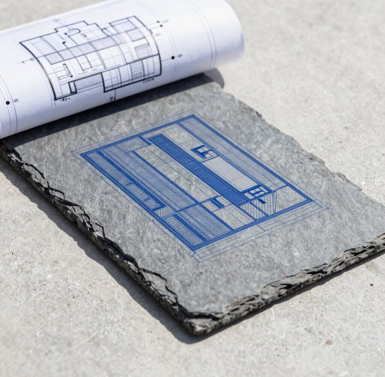Sharp architectural macro shot of blueprints laid out on a clean concrete surface, natural high-contrast daylight, cool slate gray and deep blue palette