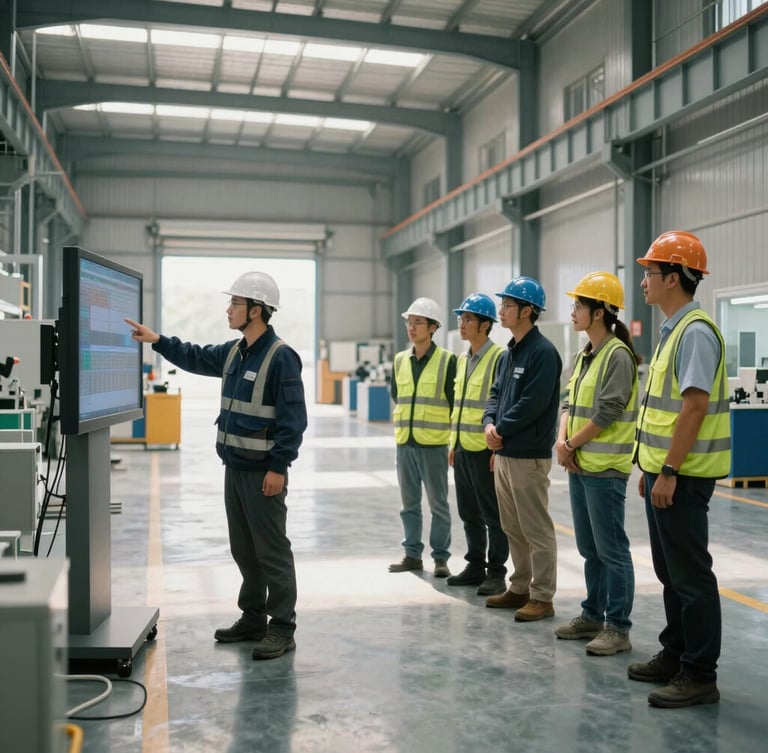 Wide shot of an industrial facility floor with natural light, where a supervisor in safety gear is pointing to a digital dashboard with a team of focused workers listening attentively, clean and organized environment.