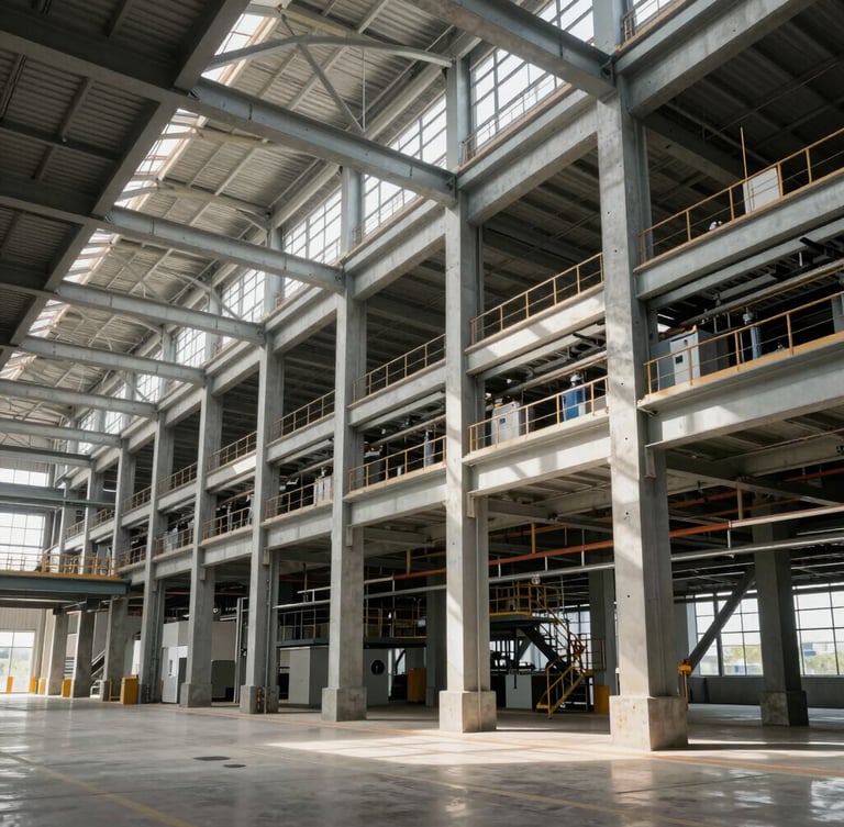 Vista arquitetônica ampla de uma instalação industrial moderna e organizada, linhas estruturais limpas de aço e concreto sob luz natural difusa, transmitindo ordem, precisão e conformidade regulatória rigorosa.