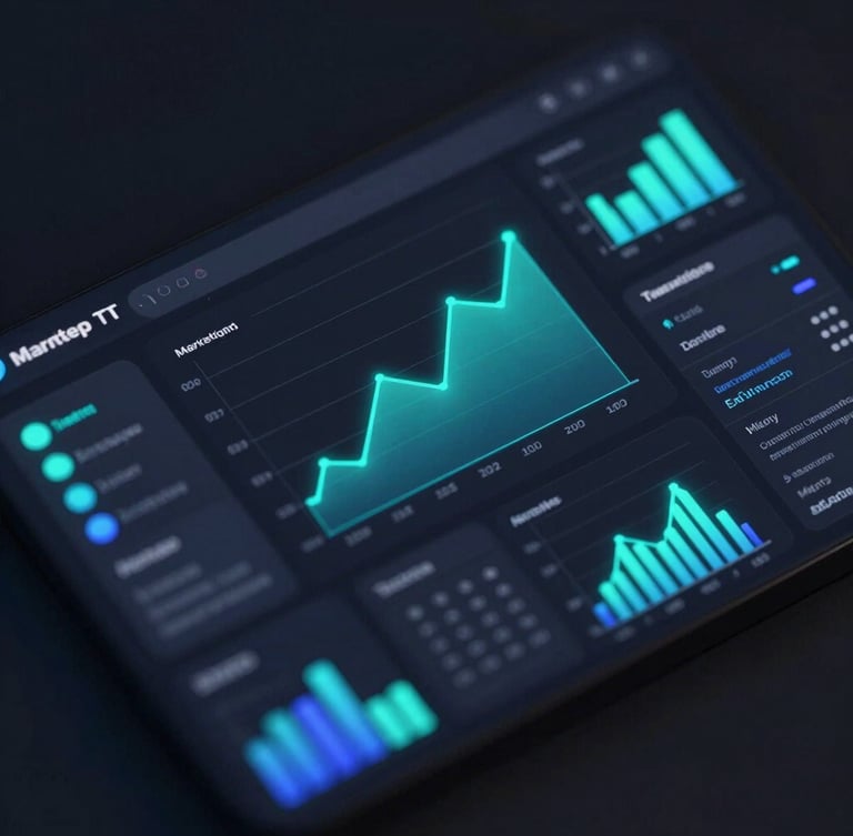 Sleek dark-mode software interface of a marketing analytics dashboard, high-contrast neon cyan and indigo glowing charts, macro depth of field