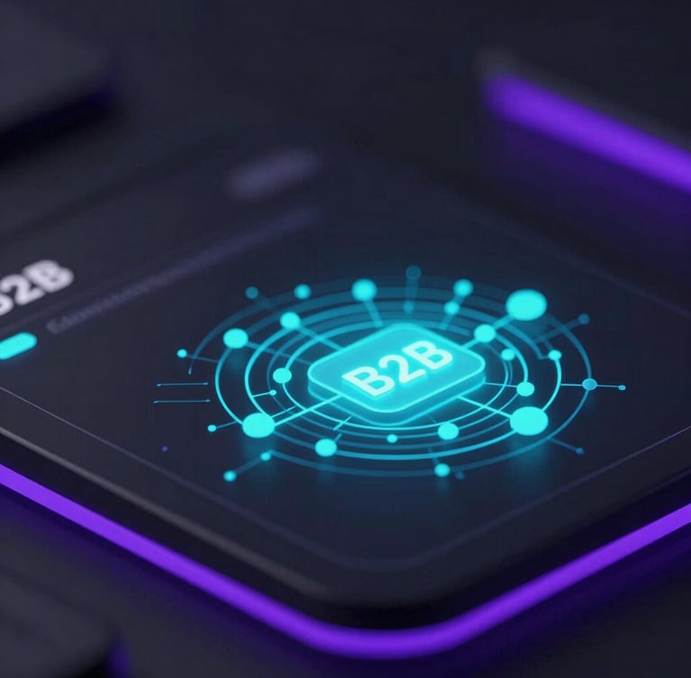Sleek 3D render of an interactive B2B data-filtering software interface, glowing cyan data nodes, dark ambient background with purple edge glows, macro depth of field
