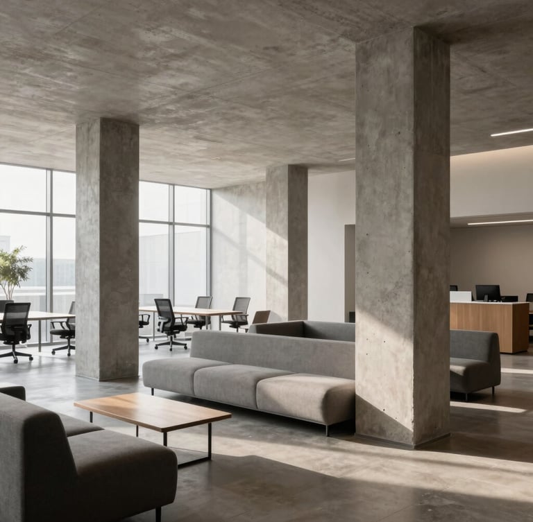 Architectural wide-angle shot of a minimalist office lobby with concrete columns and structured European lounge furniture, natural side-lighting