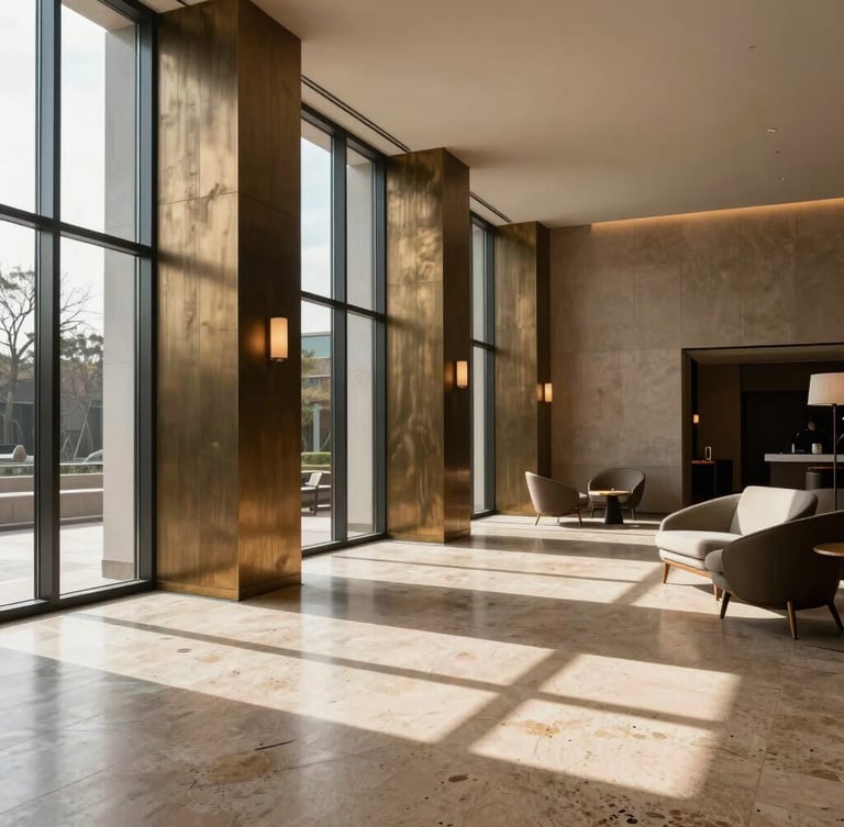 Wide-angle architectural view of a minimalist hotel lobby, dramatic side-lighting from tall windows casting long shadows, warm travertine floors, brushed bronze architectural columns, and bespoke Italian lounge chairs in the right third.