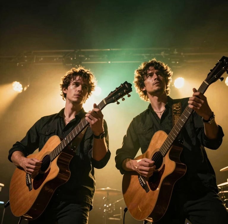 Low-angle heroic portrait of two male musicians performing live under dramatic gold and petroleum green stage backlighting, holding acoustic guitars, high contrast, 35mm.