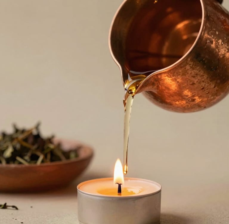 Warm editorial photography of warm herbal oil being slowly poured from a copper vessel, soft golden-hour candlelight, shallow depth of field, 35mm