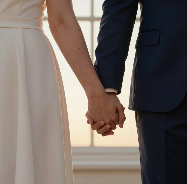 Warm editorial photography of a loving couple holding hands during golden hour, soft window light, shallow depth of field, 35mm