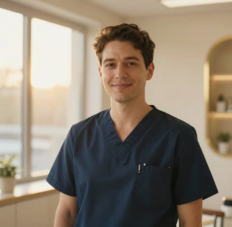 Editorial portrait of a warm, professional fertility specialist in a modern, softly lit clinic, gold accents, warm natural light, shallow depth of field