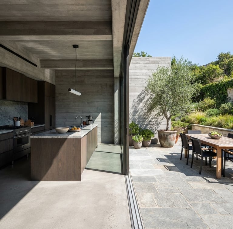Sharp architectural photography of a modern home with a clean transition from a concrete-framed kitchen to a stone-paved garden patio, bright natural daylight, high-contrast shadows.