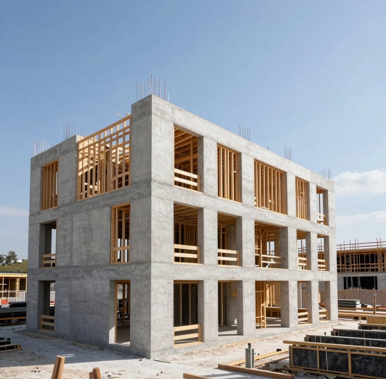 Sharp architectural photography of an active, highly organized high-end residential construction site, clean concrete, structured timber framing visible under bright natural daylight, wide-angle lens