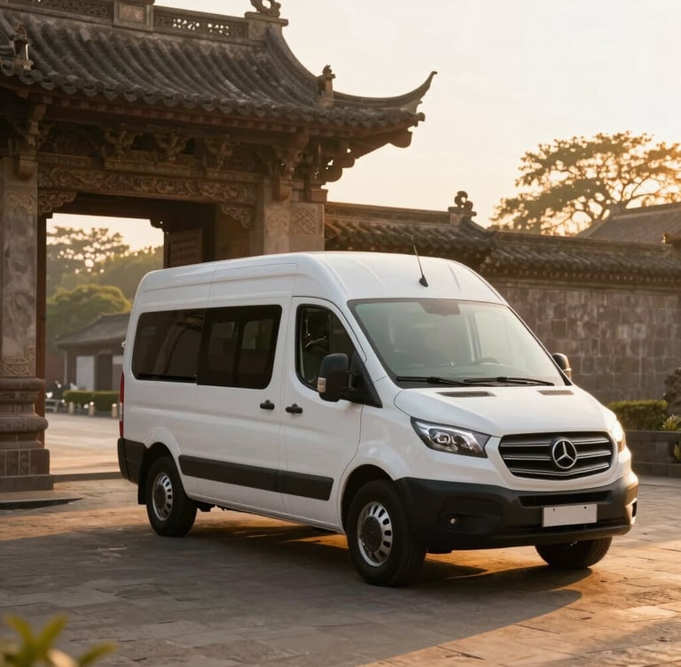 A clean, modern white family van parked near a historic stone temple gate at sunrise, warm golden light casting long soft shadows