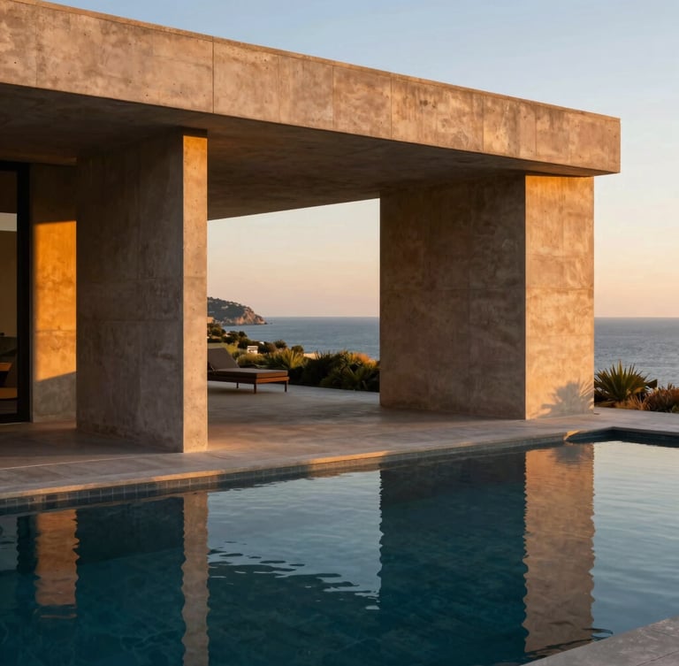 Wide shot of a modern minimalist hotel pool deck overlooking the Mediterranean, architectural concrete structures, morning sun, 35mm