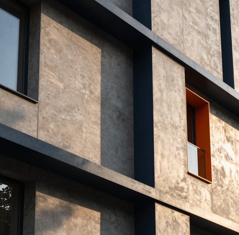 Detail of modern concrete and steel facade, dramatic shadow play, golden hour light, architectural precision