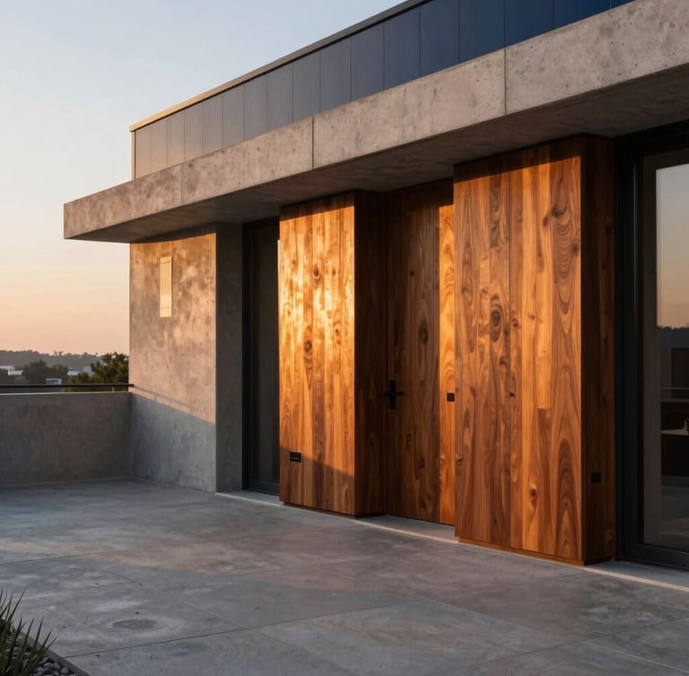 Detail of a luxury hotel suite terrace being finished, high-end concrete and dark wood panels, warm sunset light, sharp focus, 35mm
