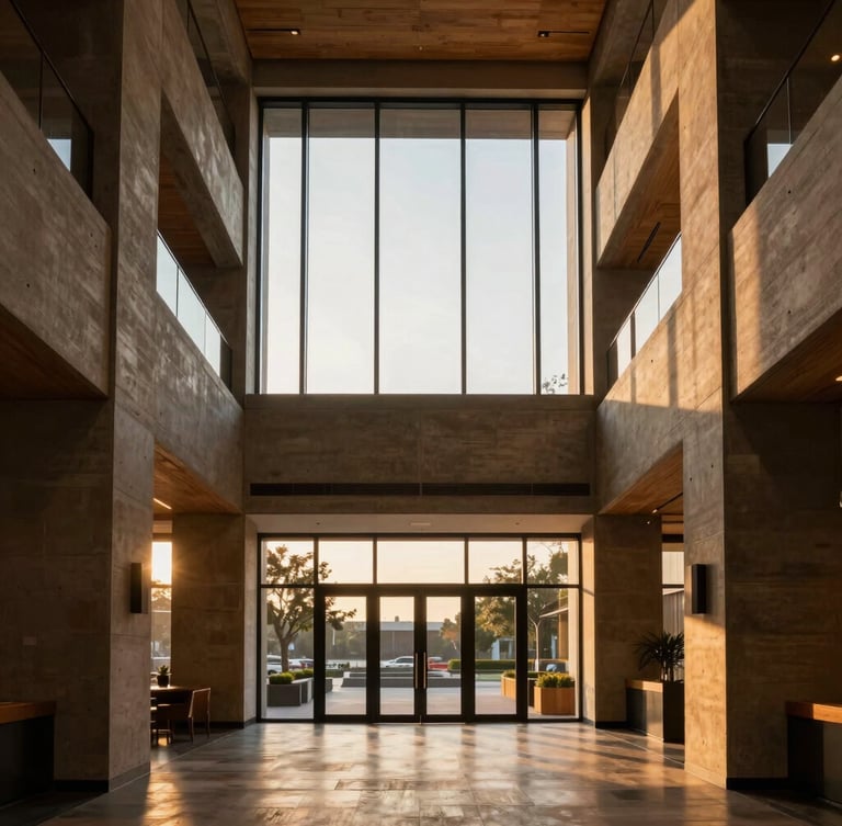 Symmetrical architectural shot of a modern luxury hotel lobby, concrete and warm wood textures, golden hour sunlight streaming through high glass windows, 35mm