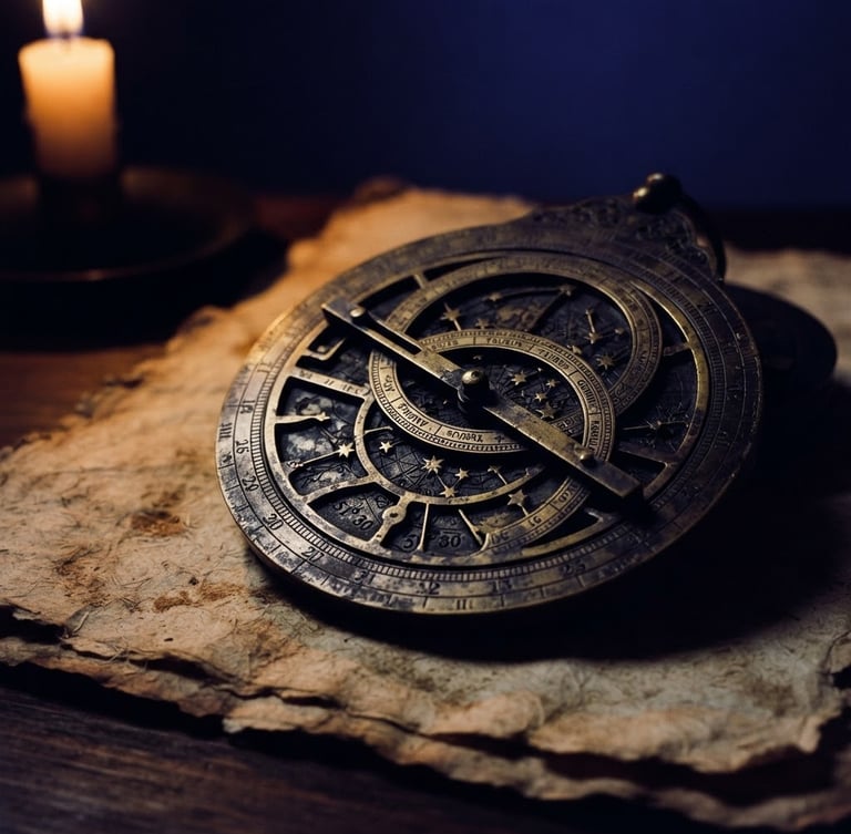 Low-key chiaroscuro macro photograph of a brass astrolabe on textured antique parchment, soft candlelight casting long shadows, deep indigo background.